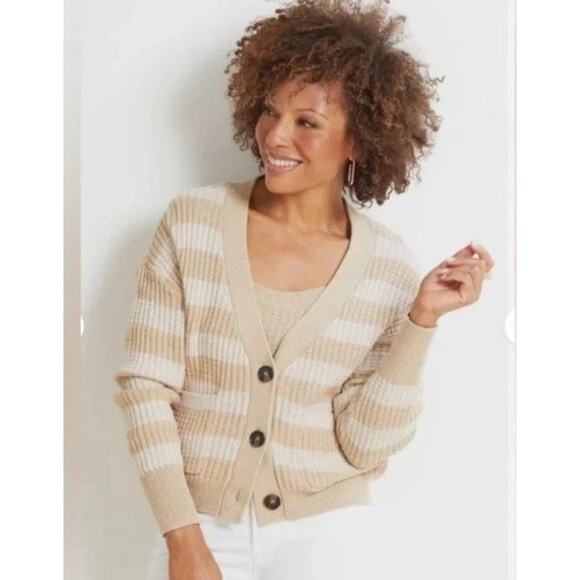 Evereve Kiki Oatmeal Striped Tan Cardigan Sweater XS Ribbed Neutral Grandpacore - Picture 1 of 12